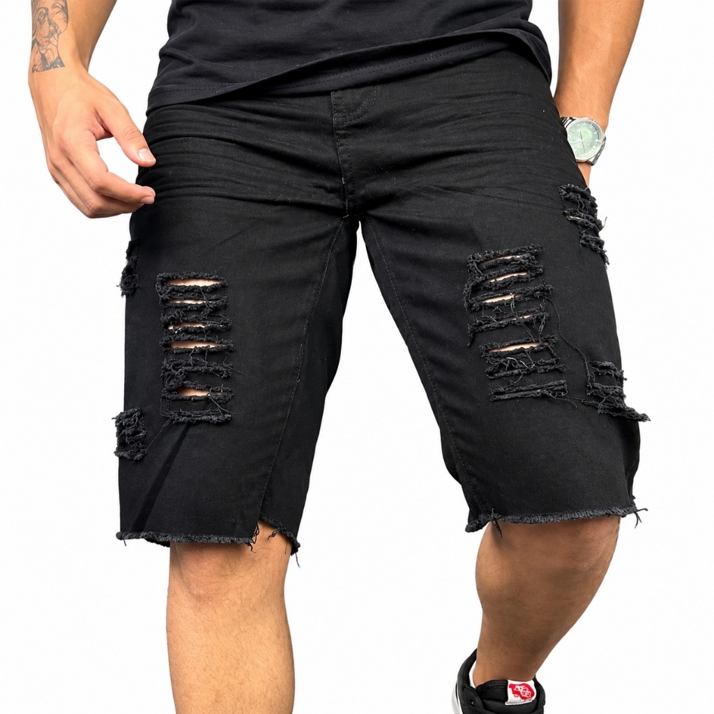 Bermuda Jeans Masculina Rasgada Modelo Jogador Destroyed Premium