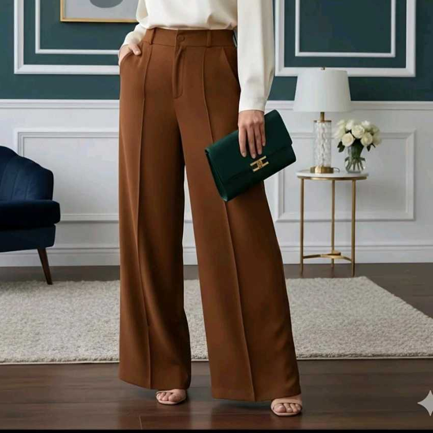Calça Pantalona Feminina Wide Leg Cintura Alta Em Tecido Duna Com Caimento Fluido E Visual Elegante