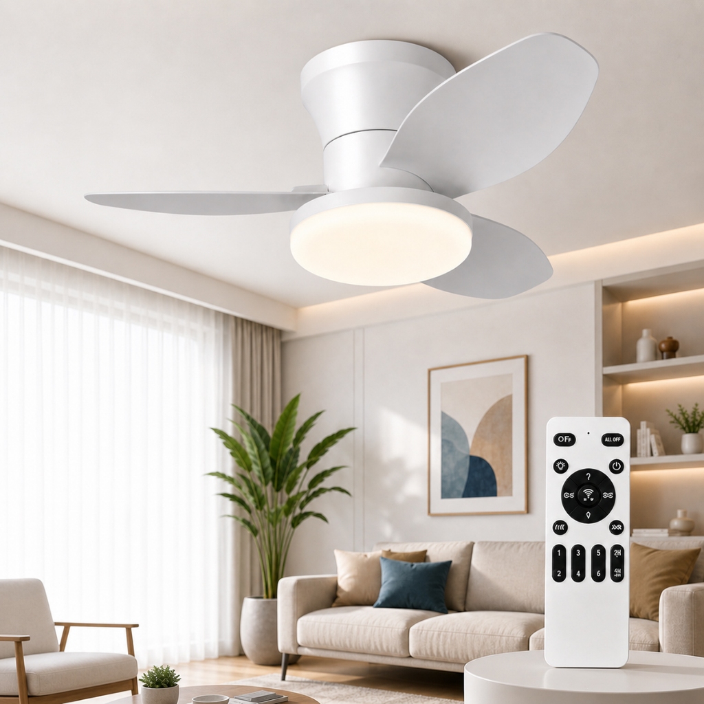 Ventilador de Teto 25″ Bivolt e Silencioso com Lâmpada LED 48W, Controle Remoto, Timer, 3 Cores de Luz e 6 Velocidades
