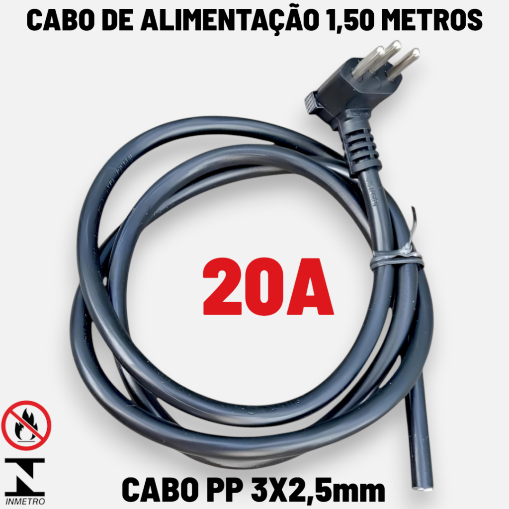 Cabo de Força 20A com 150cm 2,5mm Tripolar Pino Grosso para Micro-ondas Air Fryer Secador 110V 220V