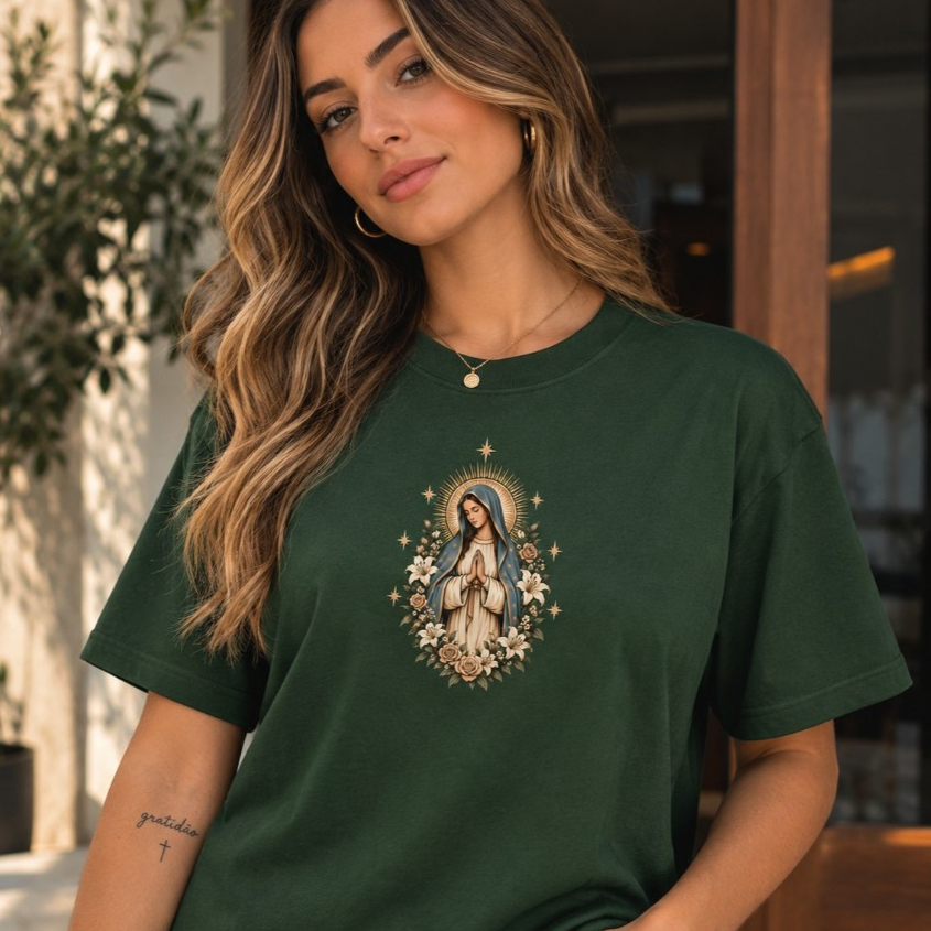Camiseta Feminina Country Virgem Maria Estampada Estilosa Algodão T-Shirt