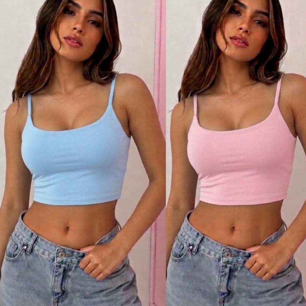 Kit 2 Cropped Blusa Femenina Suplex Alça Fina com bojo  Top  Blusinha verão Forro Duplo Teçido Suplex liso candy color