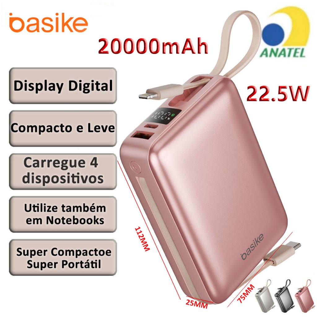 BASIKE 2026 Carregador Portátil 20000mAh - Carregamento Rápido 22.5W Power Bank Carregador Saída dupla