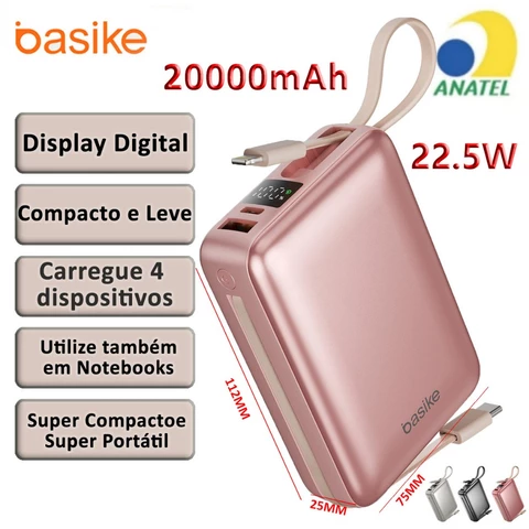 BASIKE 2026 Carregador Portátil 20000mAh - Carregamento Rápido 22.5W Power Bank Carregador Saída dupla