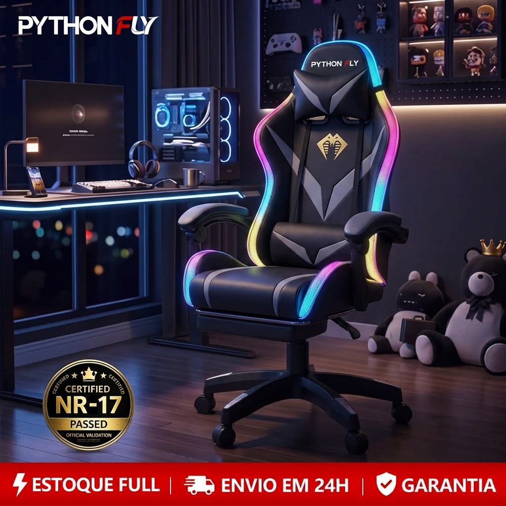 Cadeira Gamer Reclinável RGB LED com Controle, Ergonômica, Giratória, Suporta 150kg, Estofado PU Reclinável Estofado