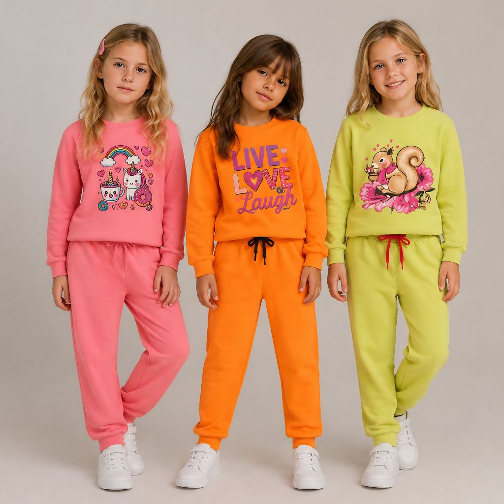 Kit 3 Conjuntos de Moletom Infantil Feminino Peluciado Inverno 1 a 14 Anos Roupa Menina Confortável