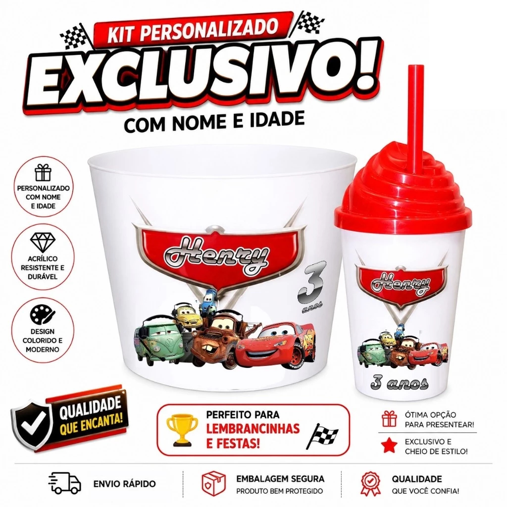 KIT Copos com Tampas e Baldes Pipoca Personalizados Temas