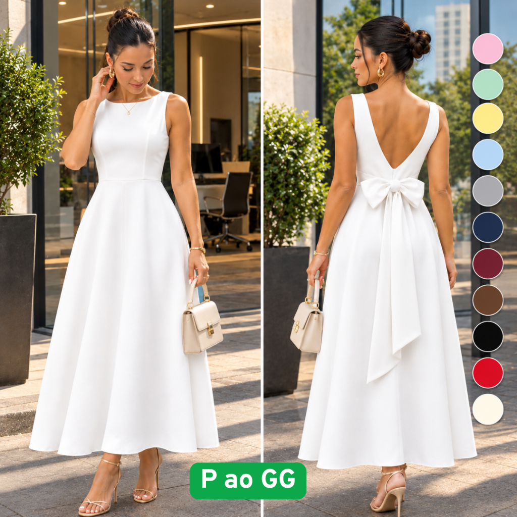 Vestido Longo Alfaiataria Romantica Casamento Decote Canoa E Laço Nas Costas — Elegante Formatura Madrinha Casamento