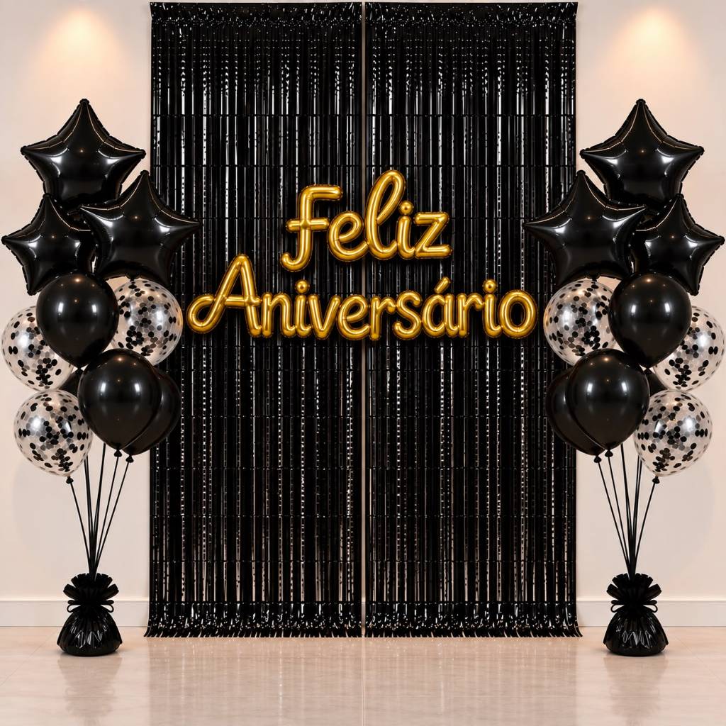 Kit Decoração Festa Aniversário Completo 2 Cortinas Metalizadas + 2 Kits Buquê Balões 9 Peças + Balão Feliz Aniversário