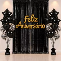Kit Decoração Festa Aniversário Completo 2 Cortinas Metalizadas + 2 Kits Buquê Balões 9 Peças + Balão Feliz Aniversário