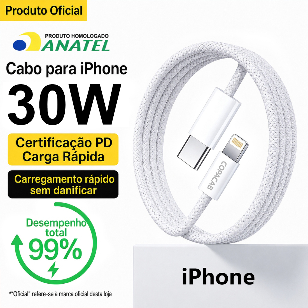Cabo TIpo C para Lightning - Carregamento Rápido 30W 1M/2M Compatível com iPhone 14/13/12Mini/11 Pro Max XR XSMAX 8Plus