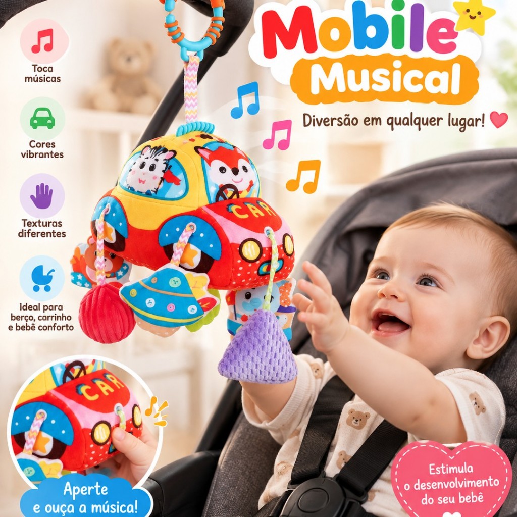 Móbile Chocalho Carro Pelucia Colorido Com Mordedor PARA BEBE CARRINHO BERÇO