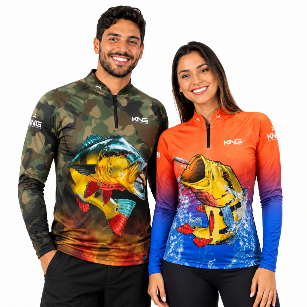 Kit 2 Camisas de Pesca Casal Tucunare King Brasil Proteção UV50 Gola E Zíper Masculina e Feminina