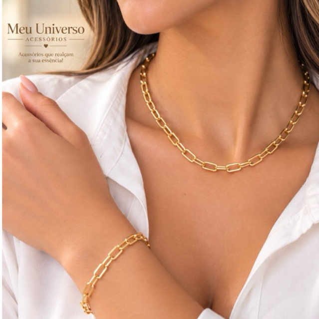 Conjunto Colar Feminino e Pulseira Elos Dourado Feminino Aço Inoxidável Inox Elegante Luxo Antialérgico