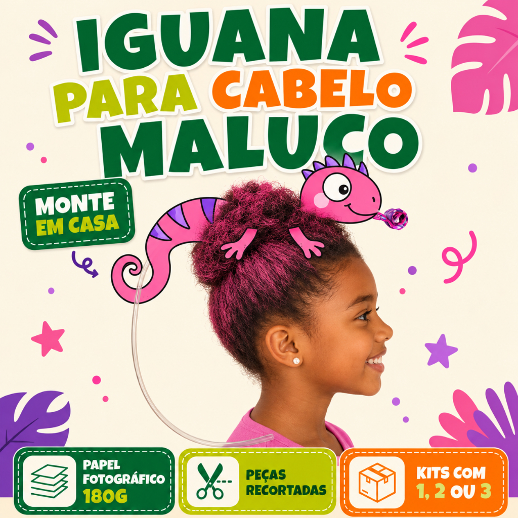 Cabelo Maluco Iguana Rosa- Dia das Crianças - Fantasia de criança - para montar - menina