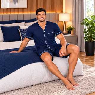 Pijama Masculino De Algodão Curto Com Botões