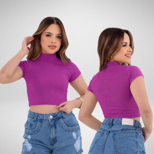 Blusa Cropped Feminino Juvenil Gola Alta Manga Curta Tendência pra Adolescente Estilosa  Atemporal