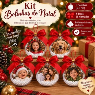 kit Bolinhas de Natal com foto personalizada 5 bolinhas de natal