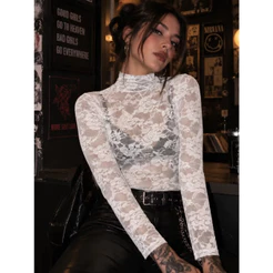 Blusa Renda Premium Gola Alta Cores Tendência Inverno Rock Elastano Frio Segunda Pele Rendada Confortavel