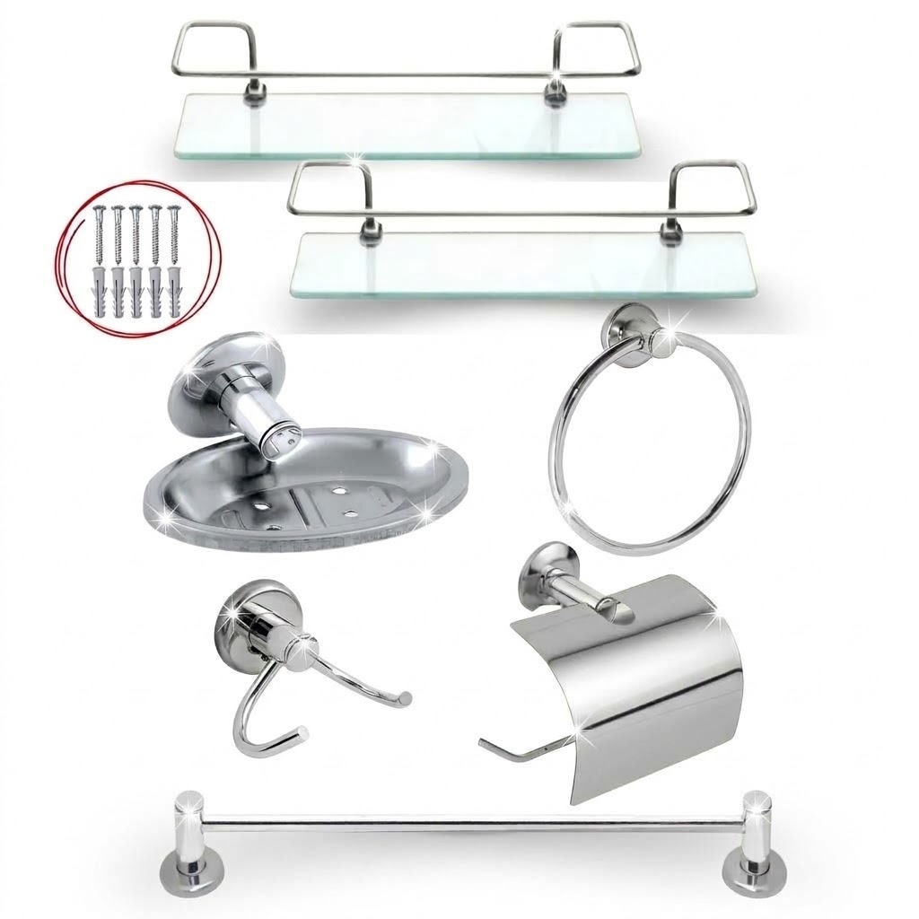 Kit Acessórios Banheiro 7 Peças Inox + 2 Porta Shampoo Reto Vidro Incolor Temperado Completo Organizador Box