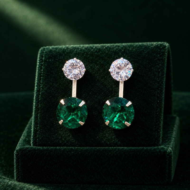 Brinco Feminino Duas Zircônias Verde 12mm em Prata 925 Elegante