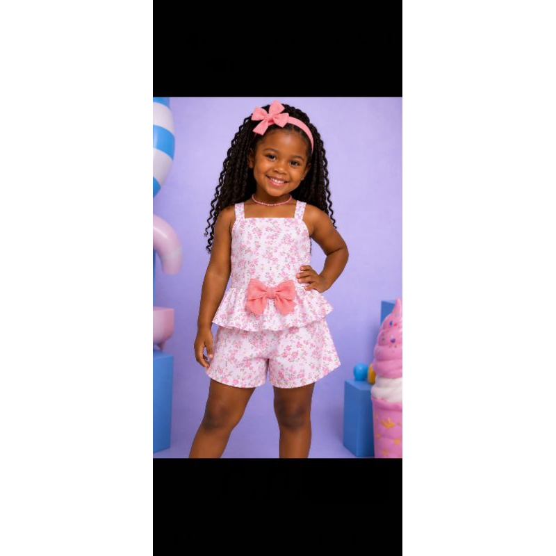 conjunto Infantil Menina blusa com Short - Modelagem Confortável, Estampas Sortidas, Tecido Macio