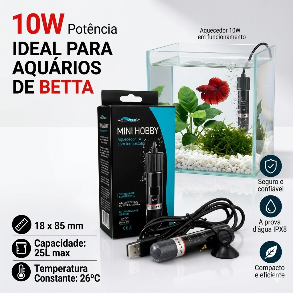 Aquecedor Termostato Mini Hobby Aquario 10w Para Betta Bivolt p até 10 litros ideal para beteiras
