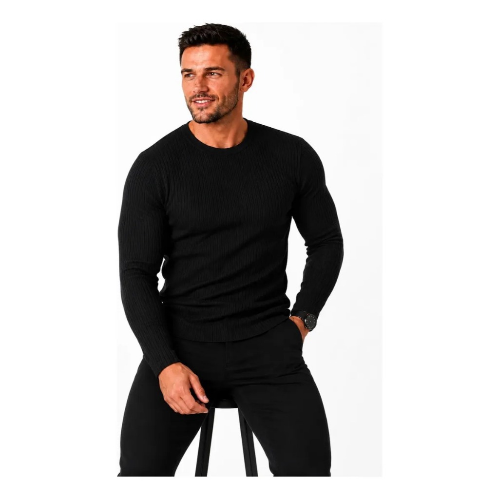 Camisa Masculina Malha Canelada Slim Manga Longa