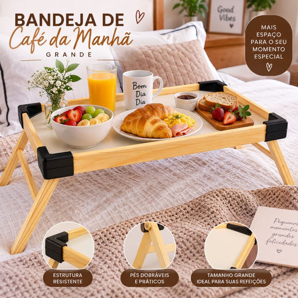 Bandeja para Café da Manhã na Cama Dobrável em Madeira | Mesa Portátil Sofá Notebook Grande