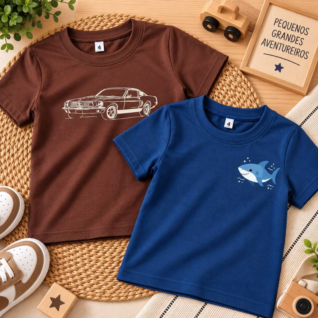 Kit 2 Camisetas Menino Infantil 100% Algodão – Carro e Tubarão |Estilosa Roupa Infantil Masculina Moderno