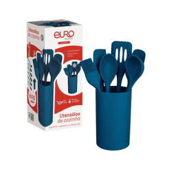 Kit 7 Utensílios de Cozinha em Silicone Azul para Cozinhar, Servir e Preparar Alimentos