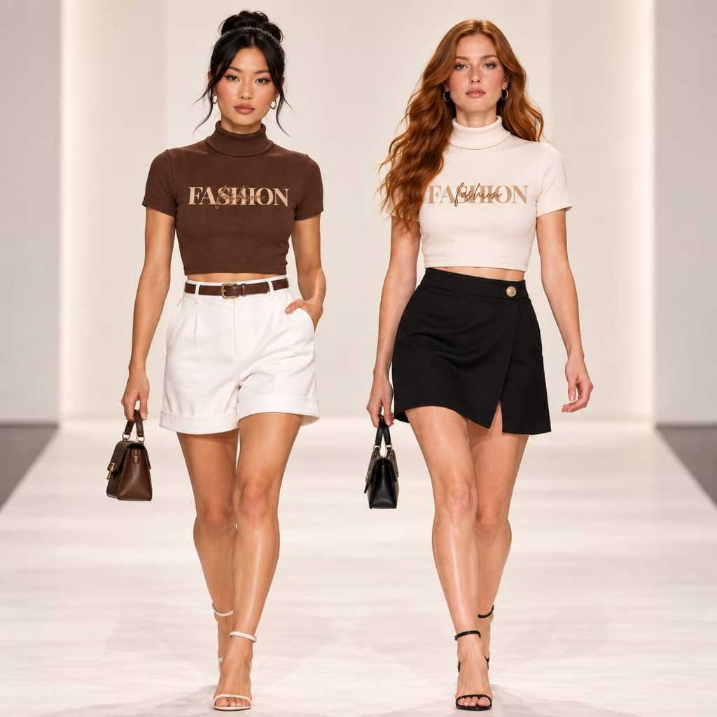 Cropped Feminino Gola Alta Canelado algodão premium Manga Curta Fashion Top Básico Elegante Confortável Moda Tendência