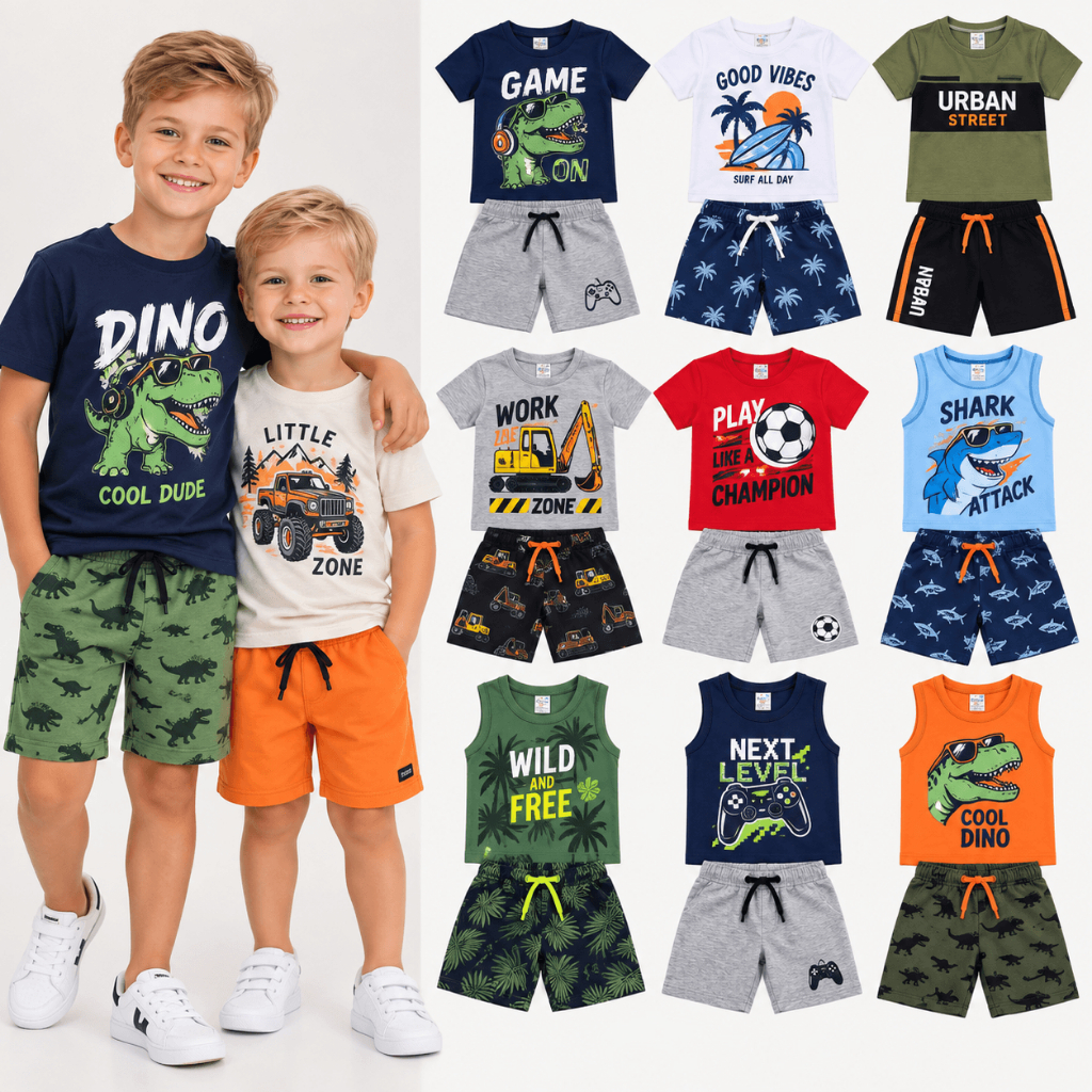 Kit 6 Peças Sortidas Infantil Menino 3 Conjuntos de Roupas Masculino 3 Camisetas + 3 Bermudas/Shorts 100% Algodão