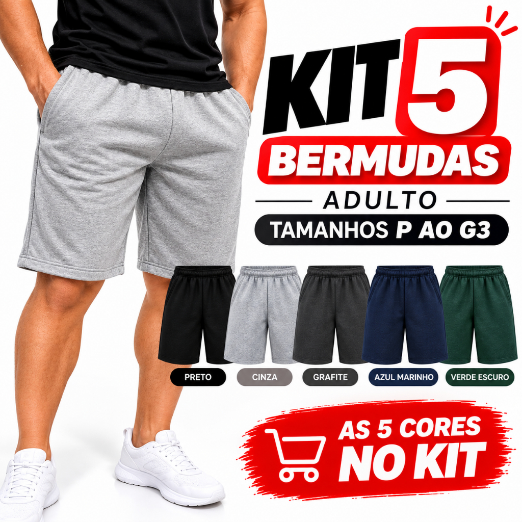 Kit 5 bermuda moletom masculino grossa Adulto Plus Size P ao G3