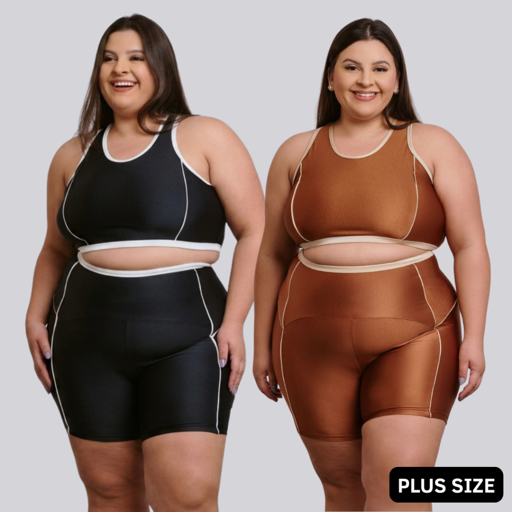 Conjunto Fitness Feminino Treino Brilhoso Plus Size Esporte 11234/11235 Zero Transparência Academia Compressão