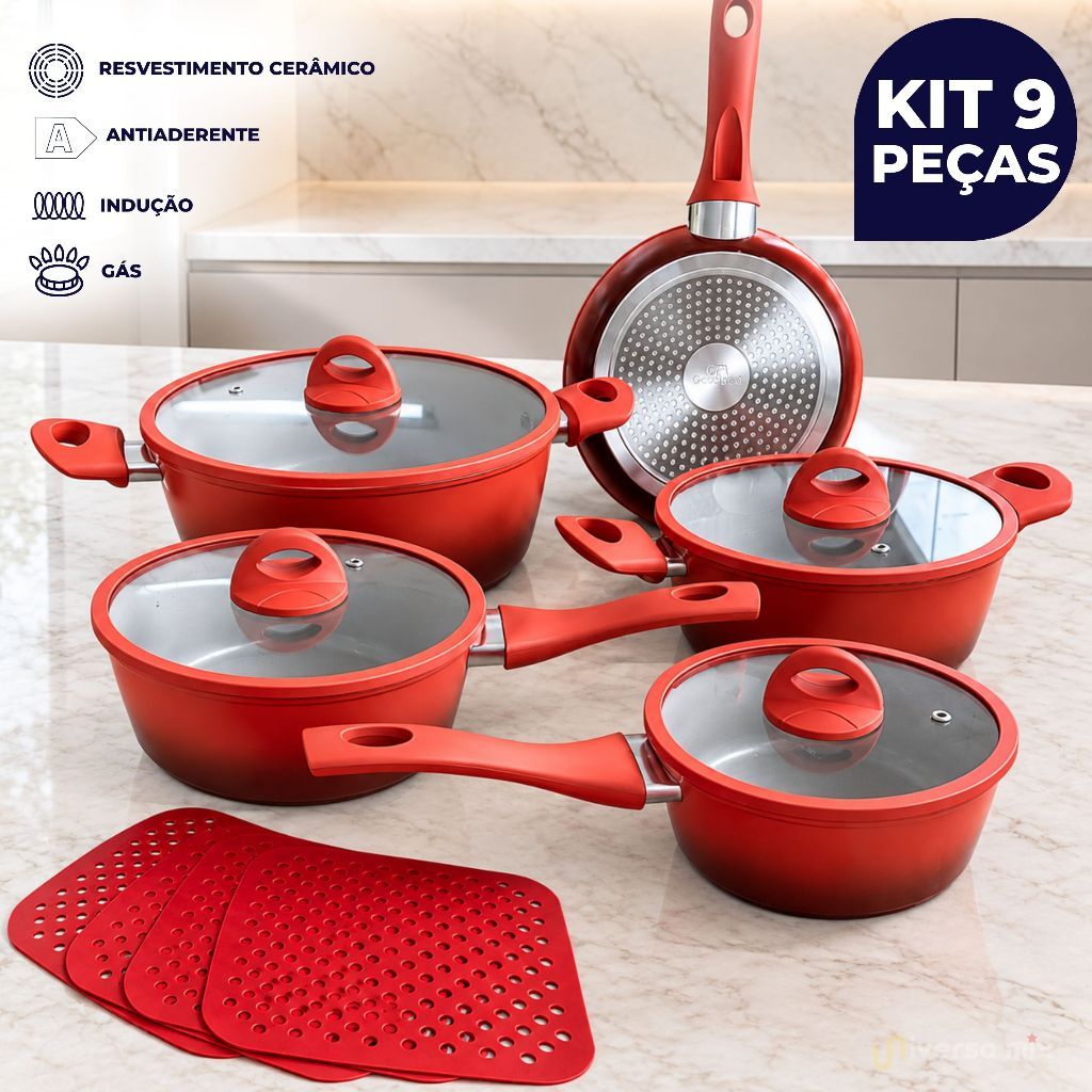Conjunto 9 Peças Panelas Cerâmica Antiaderente Indução Tapete Silicone Multiuso Miami