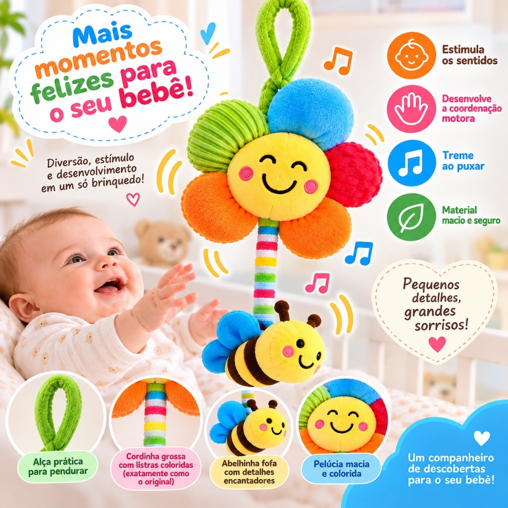Brinquedo Sensorial Móbile Pendurar FlorZINHA Abelhinha Mordedor MUSICAL
