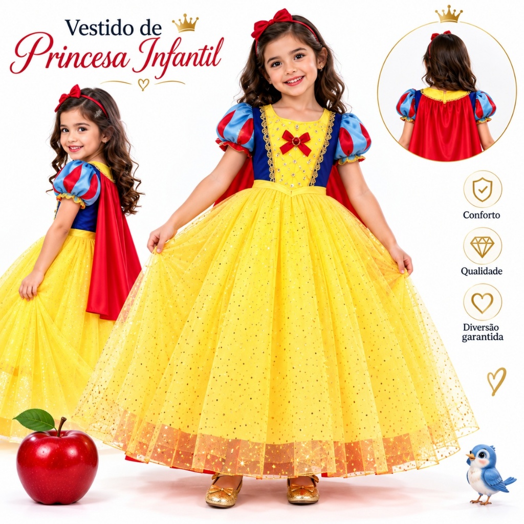 Vestido Fantasia Luxo Branca De Neve Infantil Hallowen Festa Criança Premium