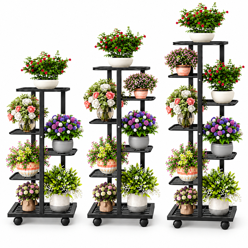 Suporte para Plantas e Vasos com Rodinhas Floreira Vertical de Chão Metal 5 6 7 Andares Preto Branco Silver Steel