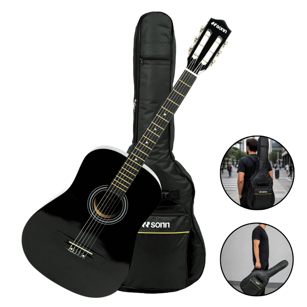 Kit Violao Acustico Nylon Sonn SNG-38C Natural Preto Com Tensor No Braco 18 Trastes + Capa Bag Luxo Oxford 600 Bolso Dup