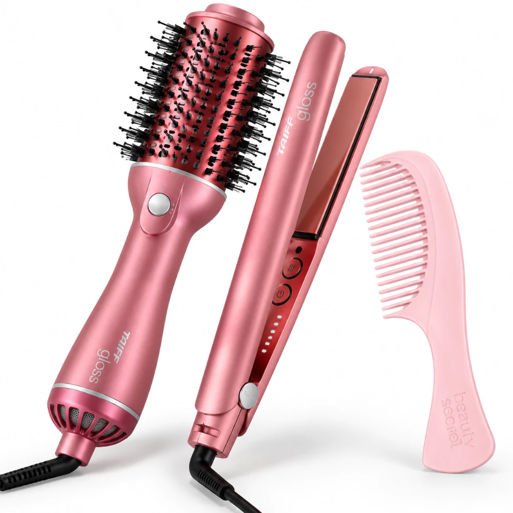 Kit Taiff Gloss Rose Chapa Bivolt 230°C + Escova Secadora 1200W + Pente Golfinho Rosa Claro Beauty Secret