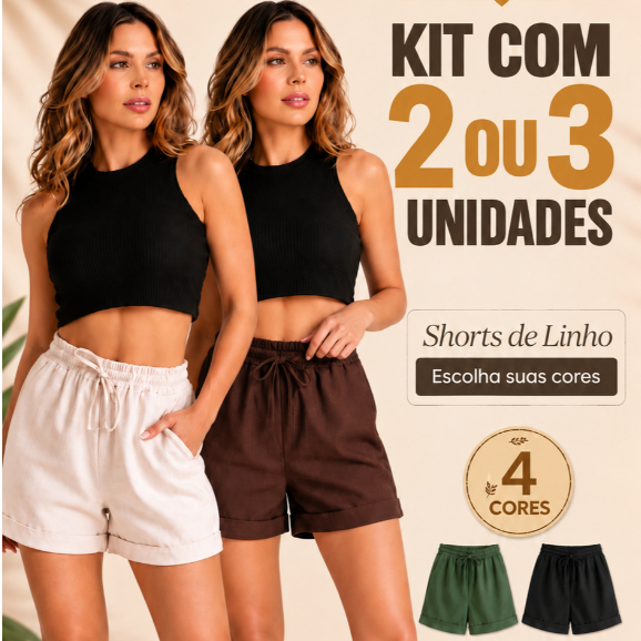 Kit 2 ou 3 Shorts Feminino Linho Viscolinho Casual Com Elástico Bolso Lateral Confortável Verão