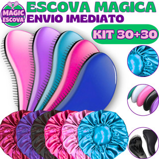 Kit 60 - Kit 30 Touca De Cetim + Kit 30 Escovas Mágicas pra cabelo - Anti Frizz - De Desembaraçar Cabelo