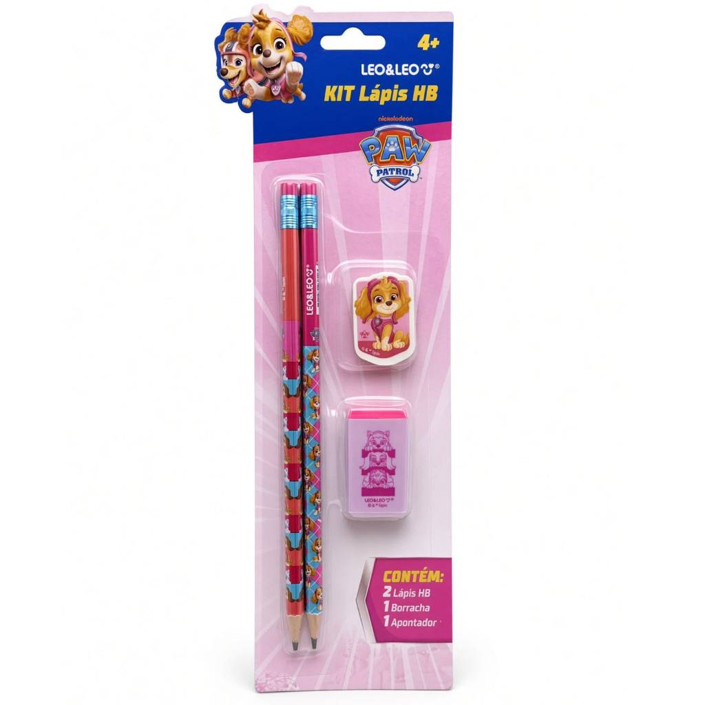 Lápis De Escrever Patrulha Canina HB + Borracha + Apontador Leo&Leo Material Escolar Infantil