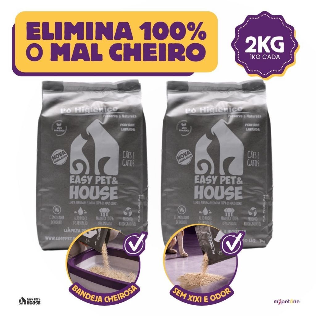 Kit 2 Pó Higiênico 1kg Lavanda Antiodor Seca Xixi Cães e Gatos EasyPet Limpeza Fácil com Ação Bactericida