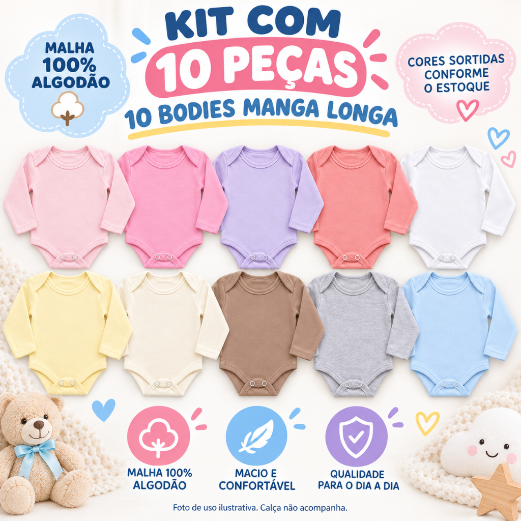 Kit 10 Bodies Bebê Infantil | Manga Longa Lisos | 100% Algodão | Menina Menino Unissex