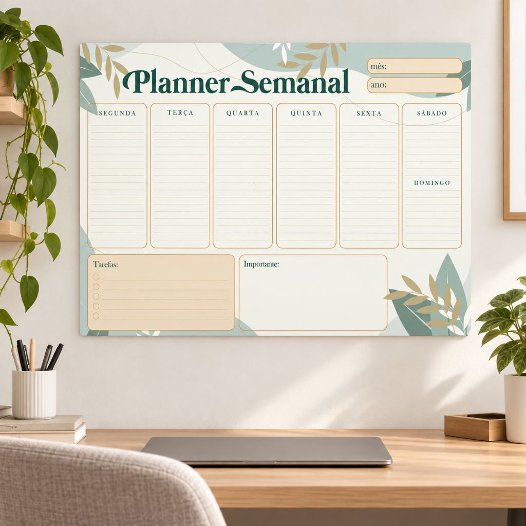 Quadro Lousa Semanal Folha 01 Planner Organizador 40x60cm com 12 Imãs Coloridos