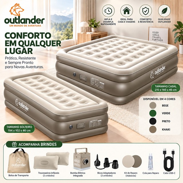 Colchão Inflável Solteiro Queen King com Bomba Elétrica Recarregável 4000mAh para Camping e Casa