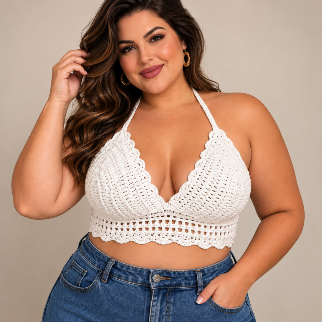 Top de Crochê Feito a mão Cropped Artesanal para Praia com Bojo Plus Size Envio Imediato