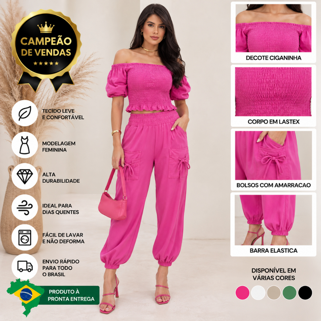 Calça Aladim Feminina 100% Algodão Cintura Alta com Bolsos Confortável Casual Verão P M G